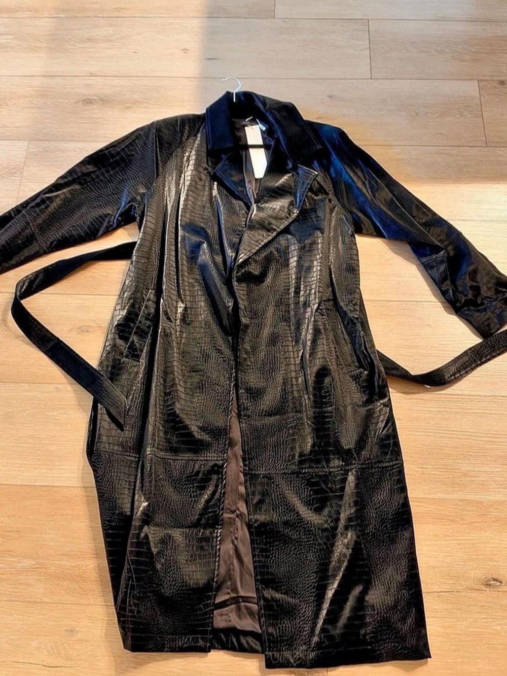 naked wardrobe Vegan Leather Crocodile Trench Coat Black Trench Coat Size Medium